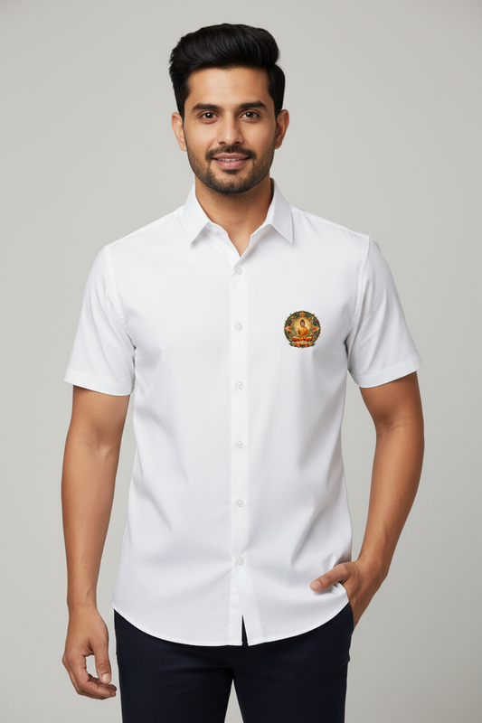 Men Premium White Buddha Printed Cotton Oversized  Shirt